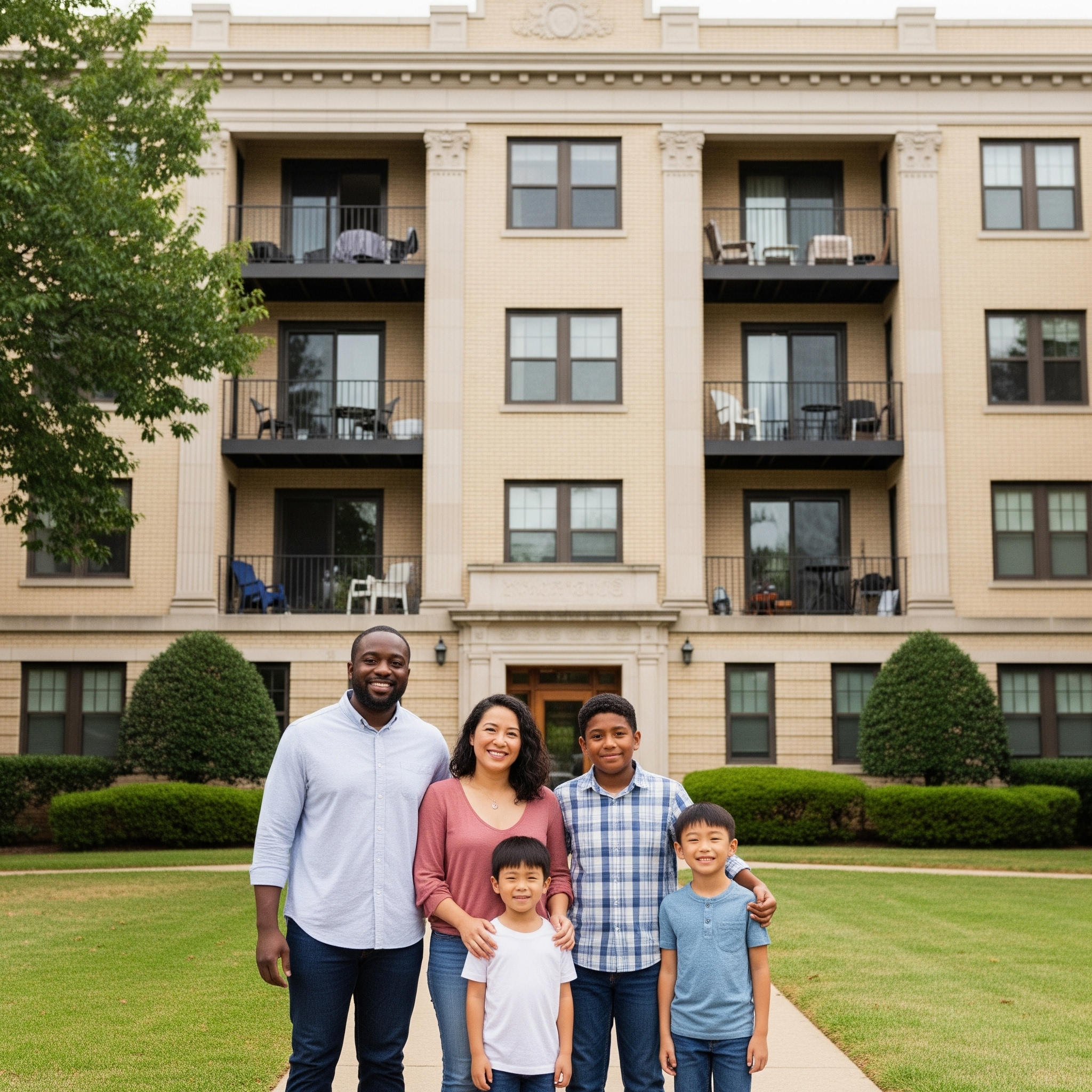 a family standing outside of an apartment building for uplift housing